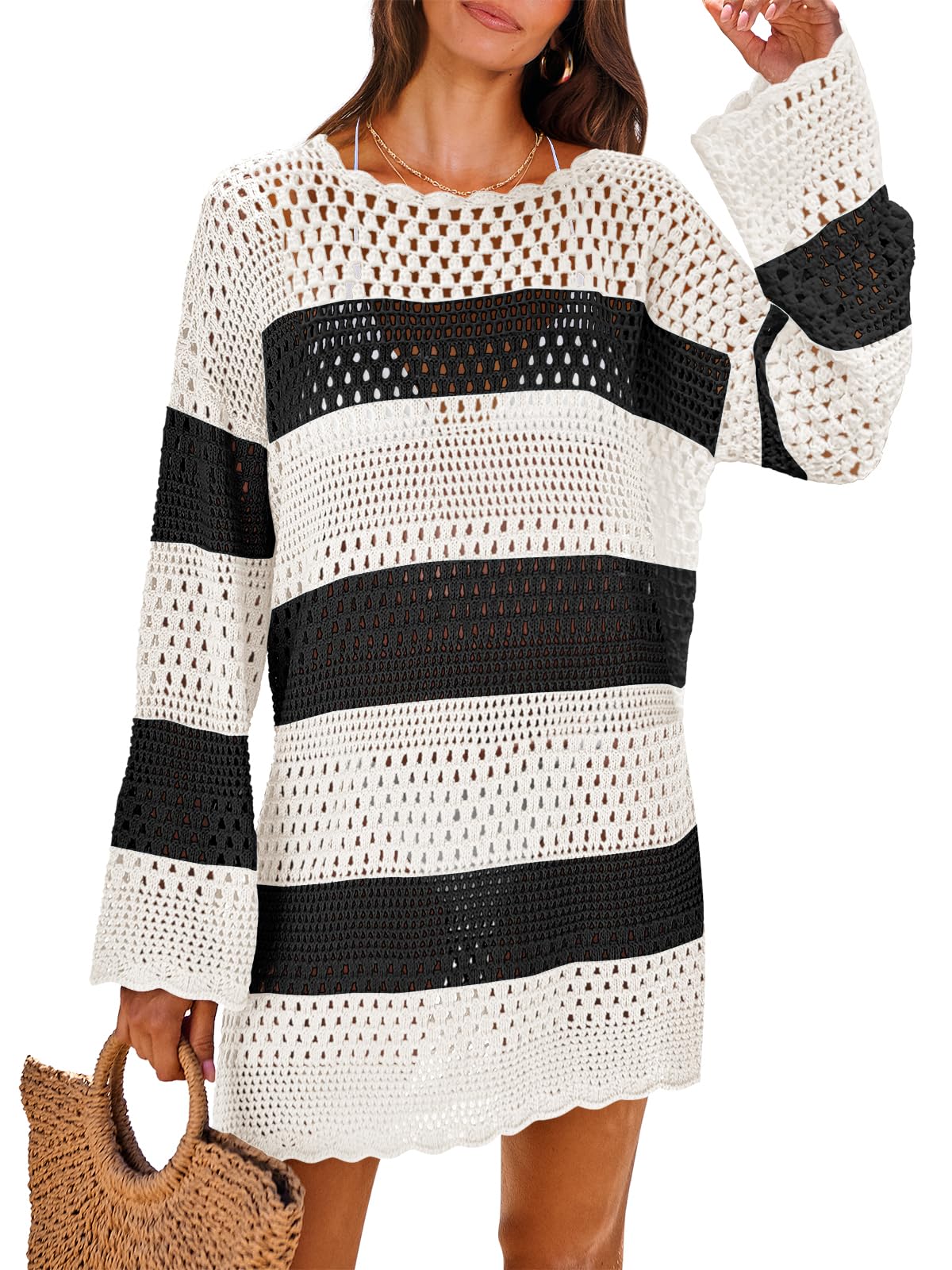 ANRABESS Women Swimsuit Crochet Swim Cover Up 2024 Summer Bathing Suit Swimwear Mesh Knit Beach Dress Vacation Outfits Black Whit Stripe Small