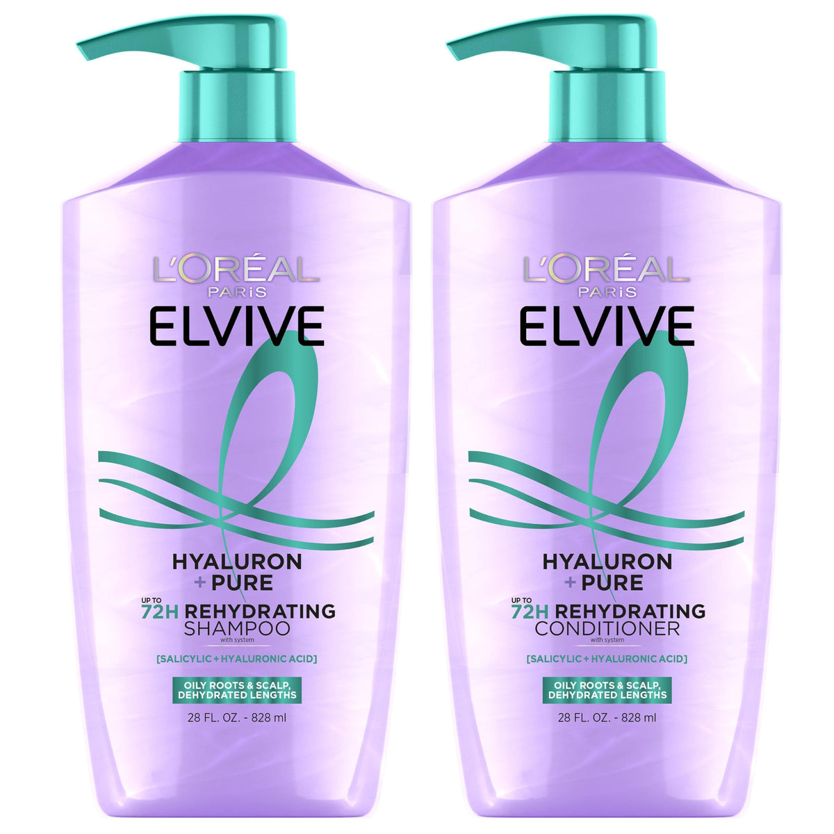 L'Oreal Paris Elvive Hyaluron + Pure Shampoo and Conditioner Set, Clarifying Shampoo and Rehydrating Conditioner with Salicylic Acid and Hyaluronic Acid, 1 Kit