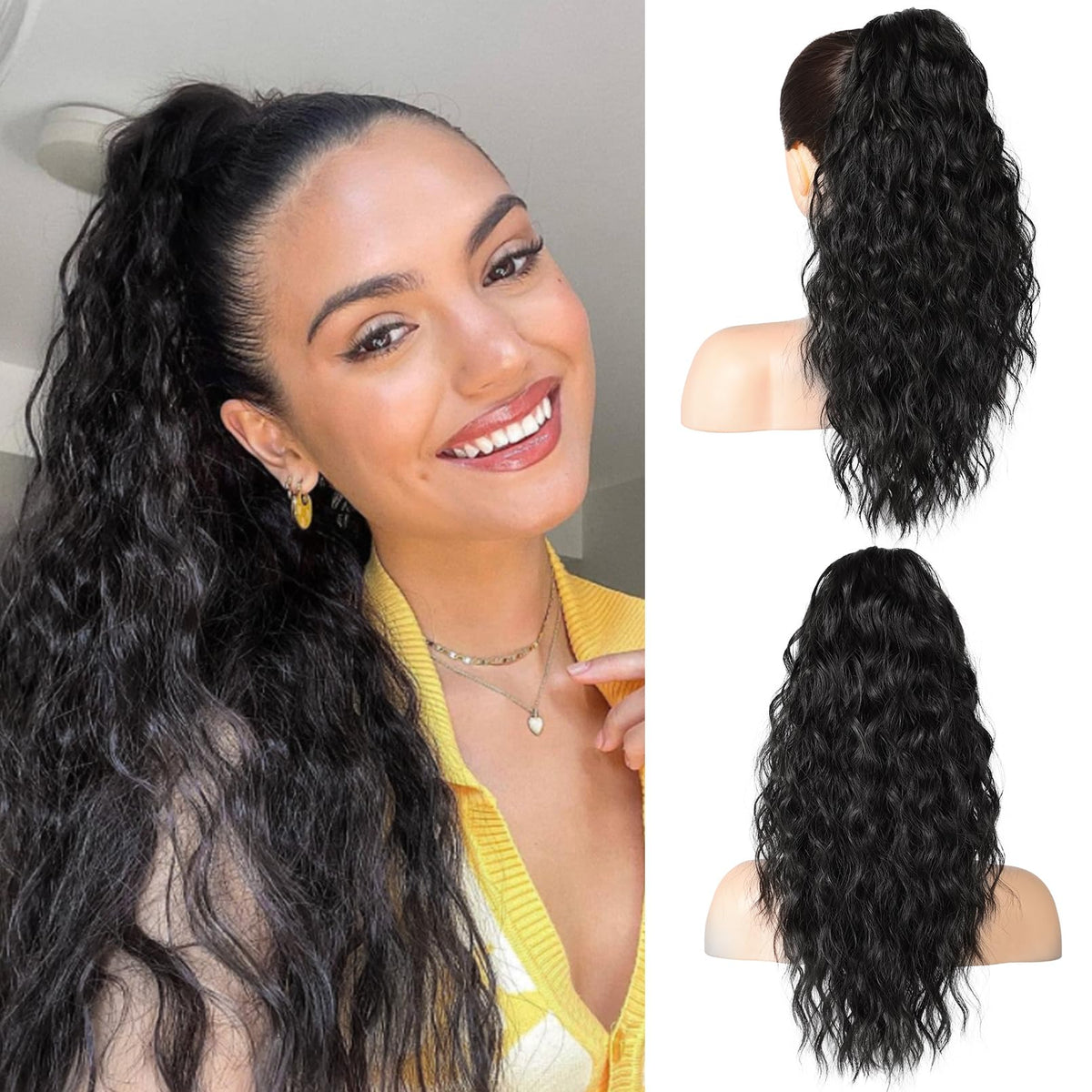 SEIKEA 18" Ponytail Extension Claw, PT002 Tia Long Multi Layered Hair FluffyThick Wavy Curly Clip in Hair Extensions Ponytail Natural Soft Synthetic Hairpiece for Women Natural Black