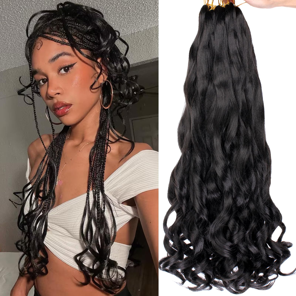COOKOO 9 Packs 75g/Pack French Curl Braiding Hair 22 Inch Natural Black Pre Stretched Bouncy Braiding Hair Loose Wavy Crochet Braids Hair French Curls Synthetic Hair Extensions for Boho Box Braids 1B#