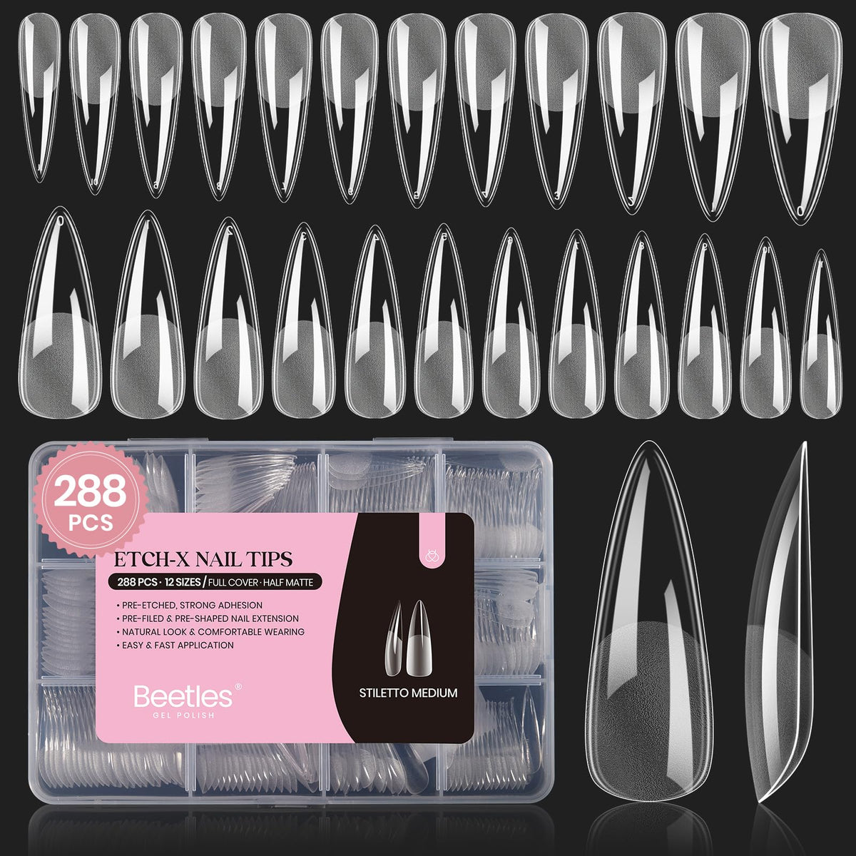 Beetles Stiletto Medium Nail Tips, 288 Pcs Pre-Shaped Etch X Nail Tips Fake Nails Soft Gel Nail Extension Acrylic Tips, Soak Off LED Nail DIY Salon at Home Gifts for Women