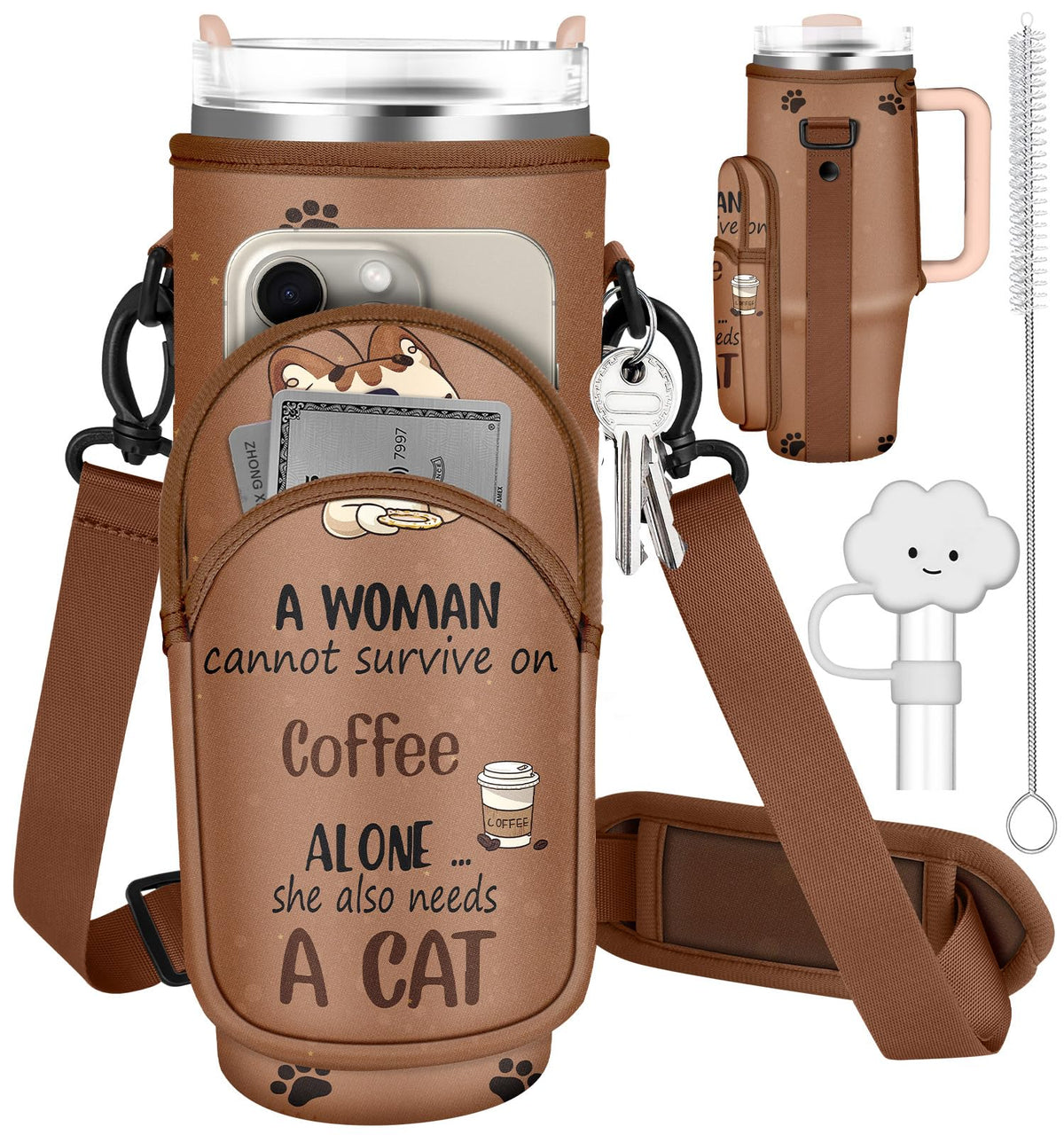 Toykee Water Bottle Holder Carrier Bag for Stanley 40 OZ Tumbler with Strap Phone Pocket, Brown Wrap Around Drink Cup Purse Pouch with Straw Cover Cleaner Brush Accessories Coffee Cat Print