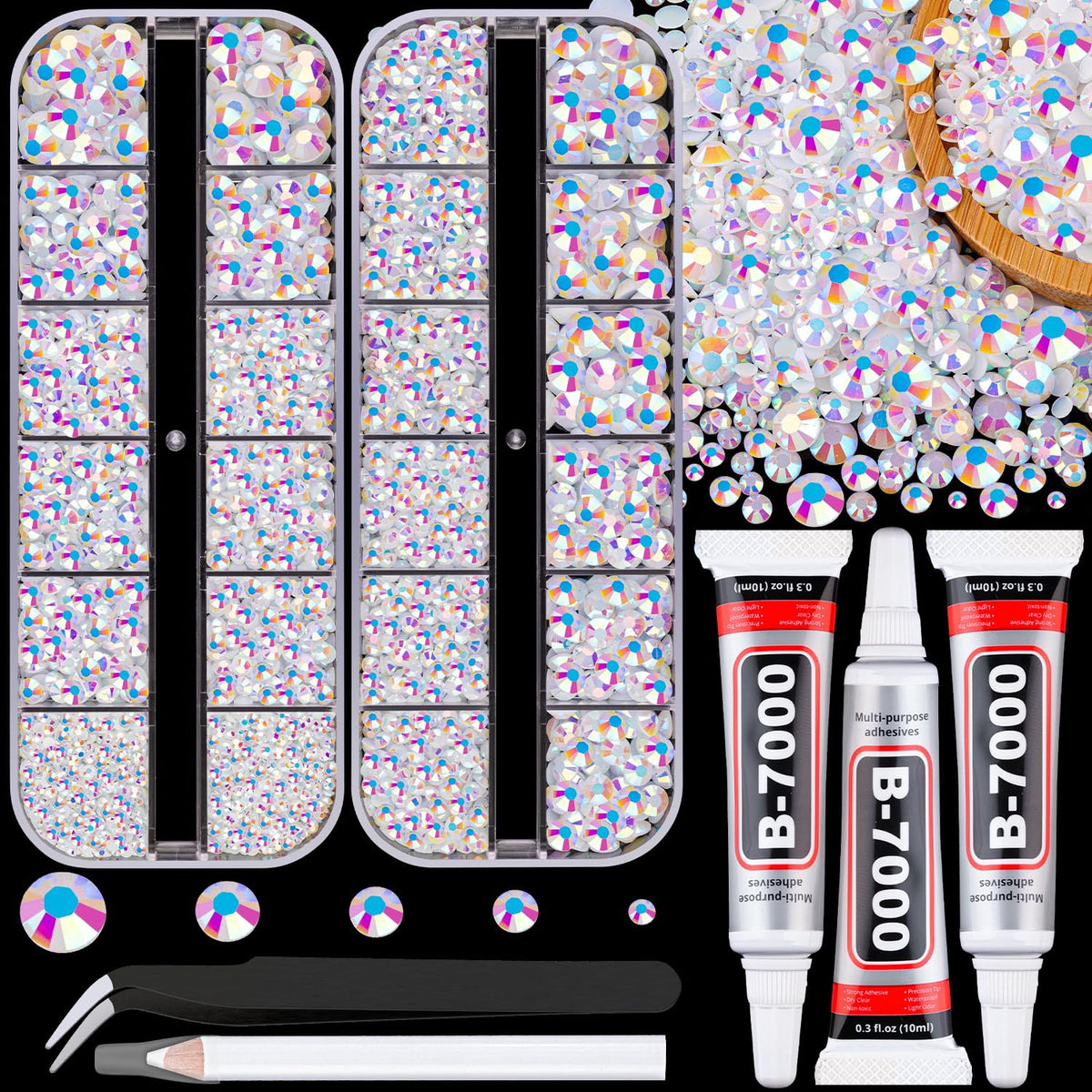 TINKRSTUFF Resin Jelly Rhinestones for Crafting with B7000 Jewelry Glue, 2 Boxes White AB Flatback Crystals with 3Pcs 10ml Glue, Bedazzling Non Hotfix Gems for DIY Tumblers Clothing Shoes Manicure