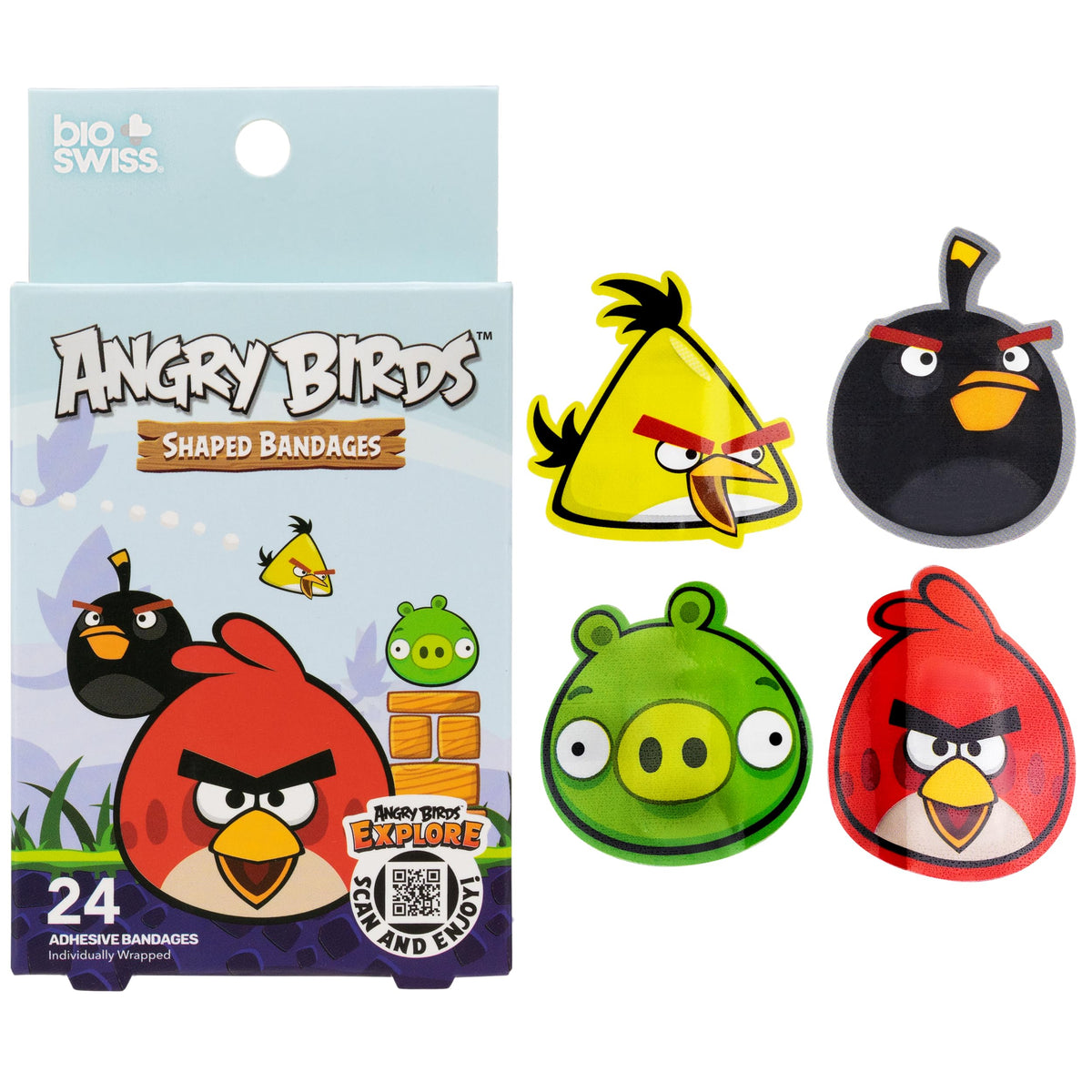 BioSwiss Bandages, Angry Birds Game Shaped Self Adhesive Bandage, Latex Free Sterile Wound Care, Standard Shape for Kids and Adults, 24 Count