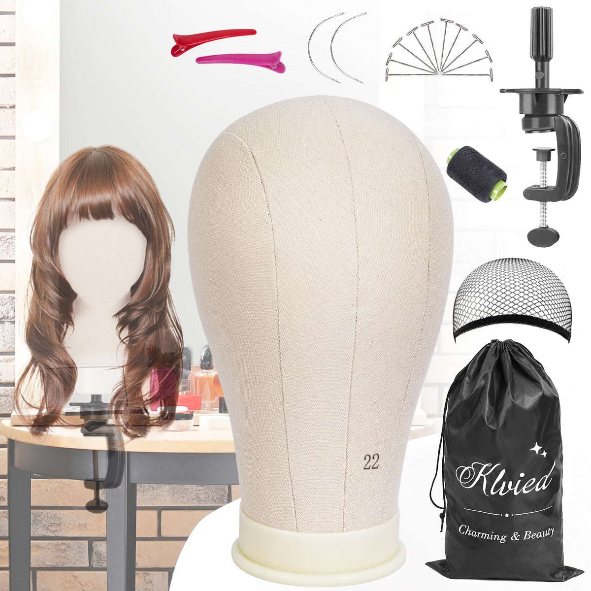Klvied 22 Inch Cork Canvas Block Head Mannequin Head for Wigs, Wig Head Stand for Display Styling Wigs Making Kit ,Including Doll Head Storage Bag