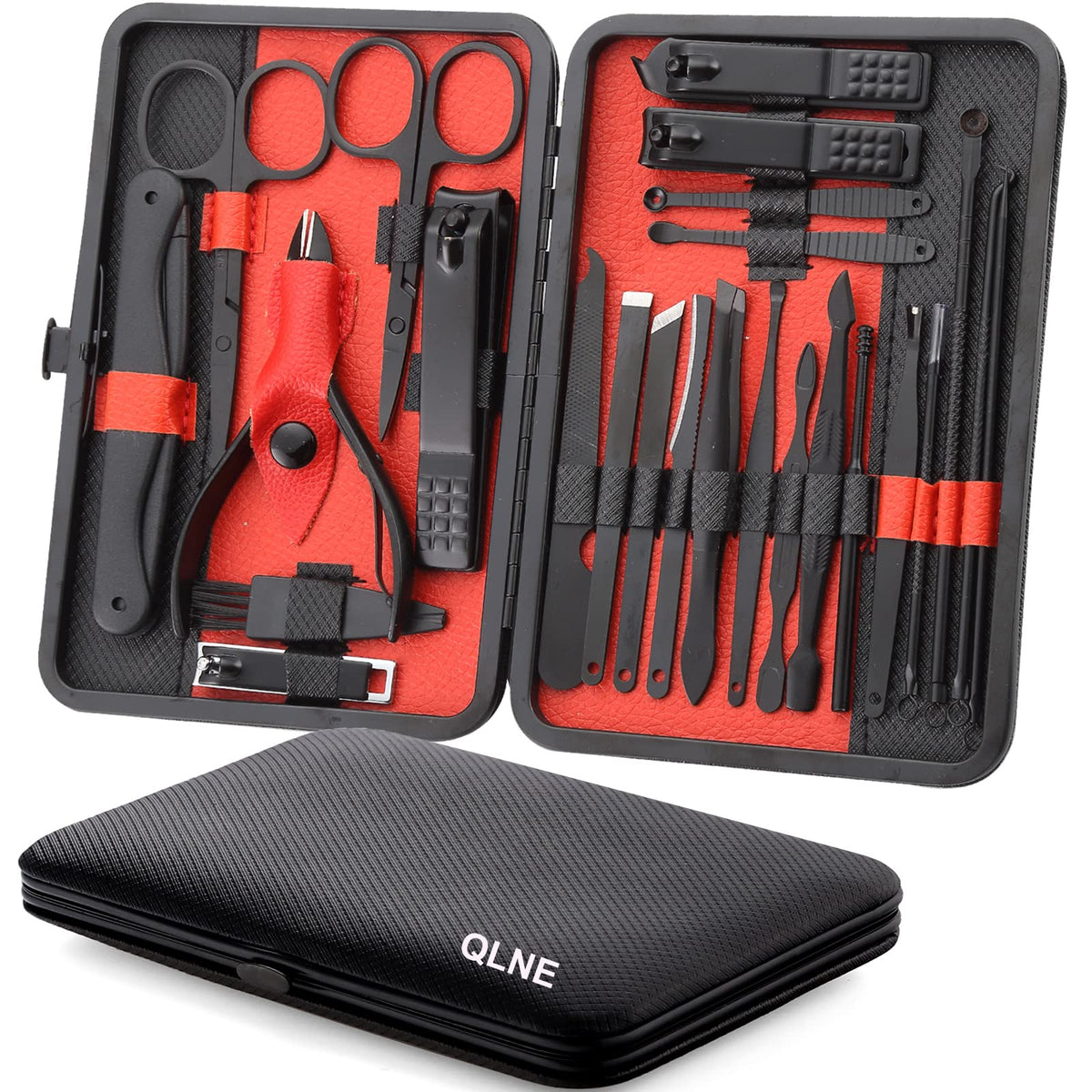 Nail Clippers Sets High Precisio Stainless Steel Nail Cutter Pedicure Kit Nail File Sharp Nail Scissors and Clipper Manicure Pedicure Kit Fingernails & Toenails with Portable cas (Red/Black_25 in 1)