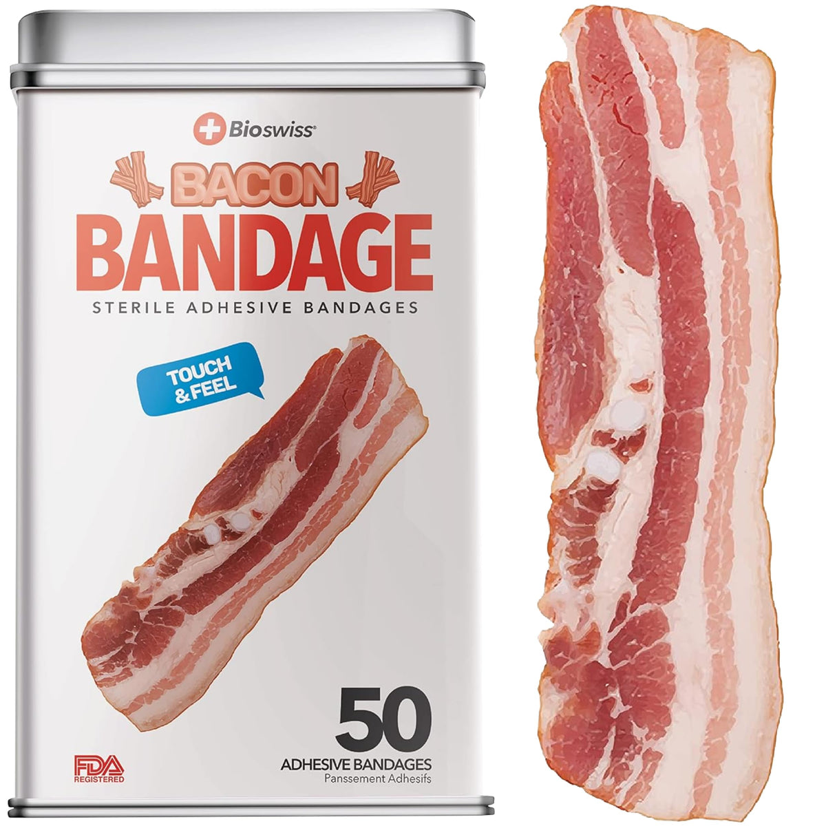 BioSwiss Bandages, Bacon Shaped Self Adhesive Bandages, Latex Free Sterile Wound Care, Fun First Aid Kit Supplies for Kids, 50 Count