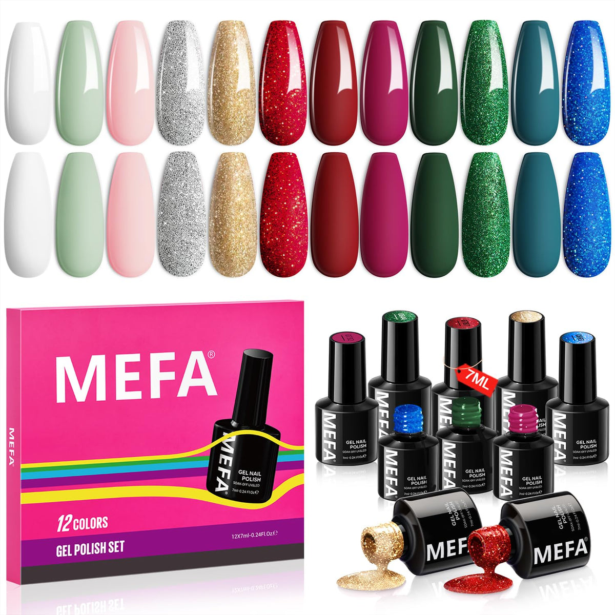 MEFA Glitter Gel Nail Polish Set, 12 Colors Burgundy Red Dark Green Glitter Gel Polish Silver Gold Sparkle Nail Polish Manicure All Seasons Soak Off DIY Salon Gifts for Women