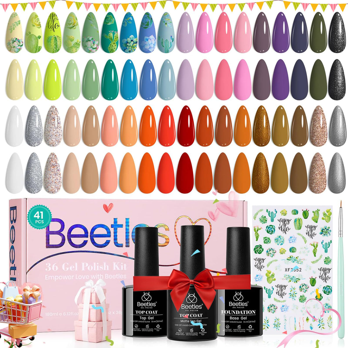 Beetles Pastel Gel Nail Polish Set 36 Colors Pink White Glitter with Base Matte and Glossy Top Spring Gel Polish Set Soak off UV Led Spring Gel Polish Holiday Nail Art for Women