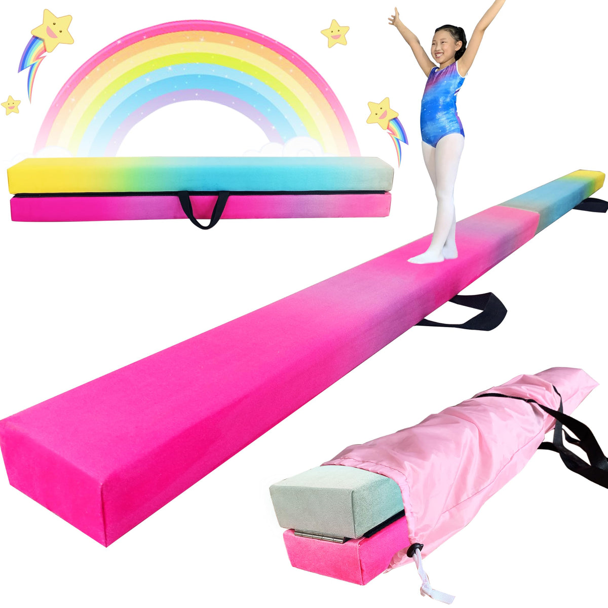 FC FUNCHEER 8FT Folding Balance Beam -Gymnastics Floor Beam -Gymnastics Equipment for Kids,Wood core- Anti-Slip Bottom and Carrying Bag for Home (Suede, Gradient Rainbow)