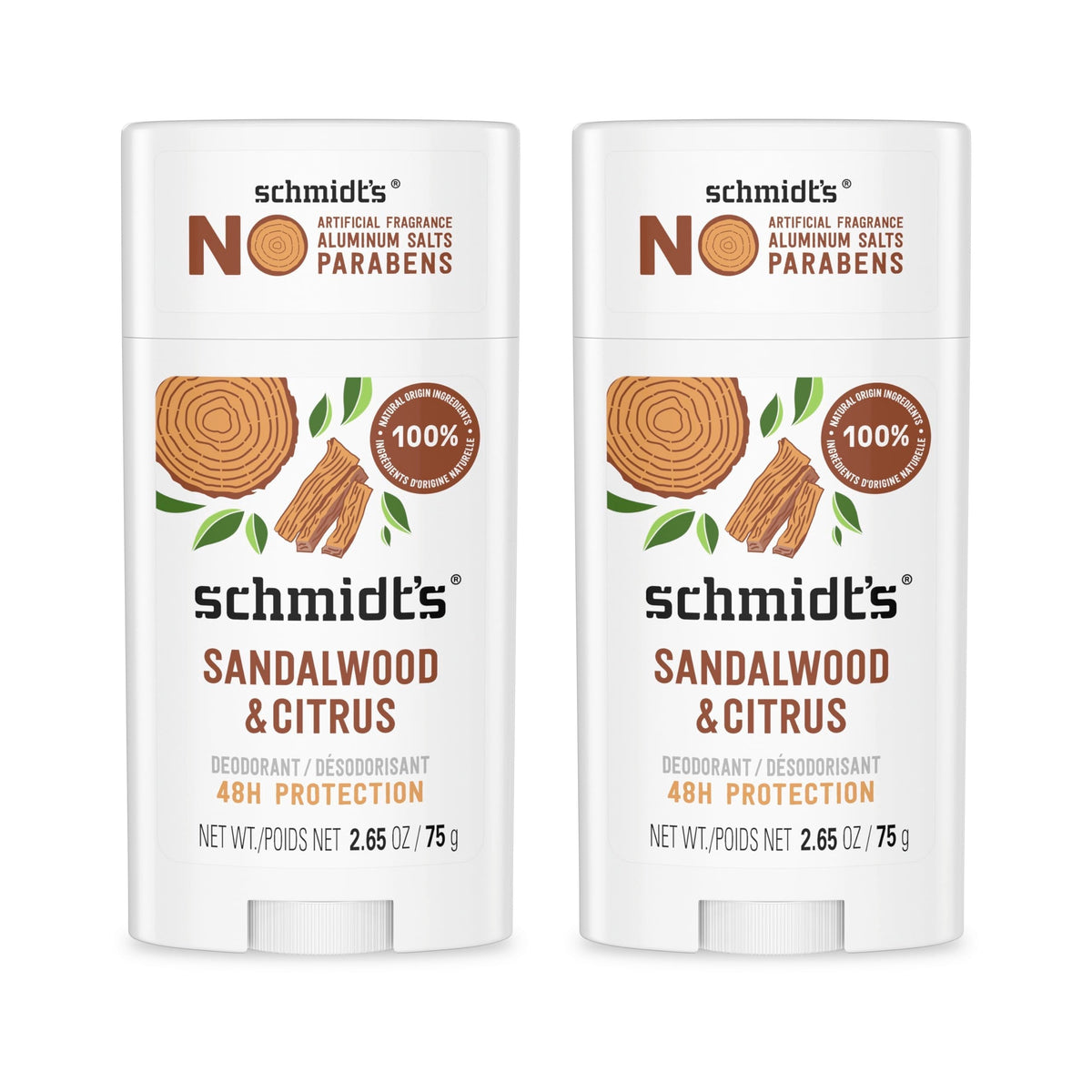 Schmidt's Aluminum-Free Vegan Deodorant Sandalwood & Citrus 2 Count for Women and Men, with 24 Hour Odor Protection, Natural Ingredients, Cruelty-Free, 2.65 oz