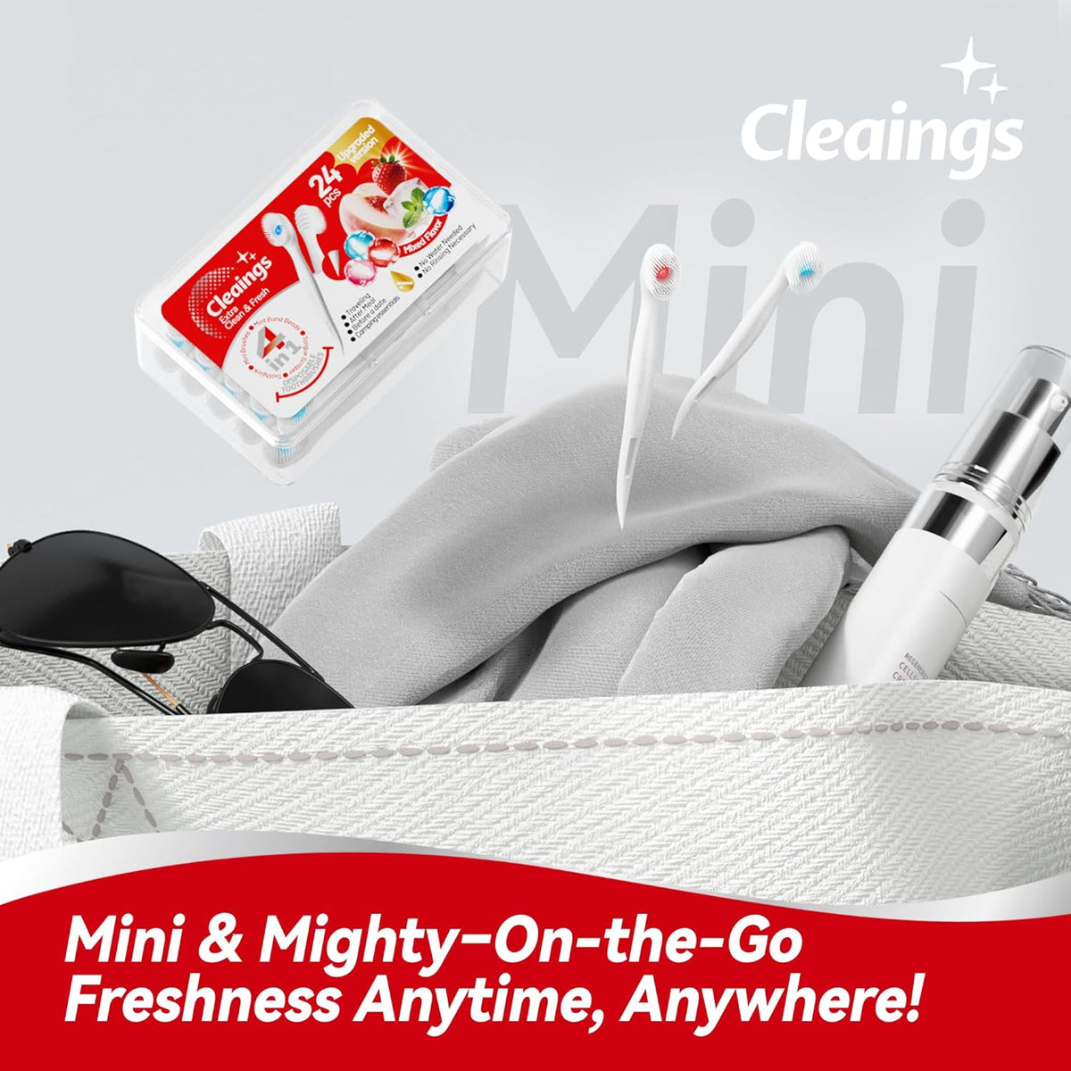 cleaings® Mini Disposable Toothbrush Set with Toothpaste – Travel Essentials, Portable Toothbrush for Women & Men, Camping, Road Trip, Vacation, 24 Count-Ice Peach Flavor(Pack of 5)