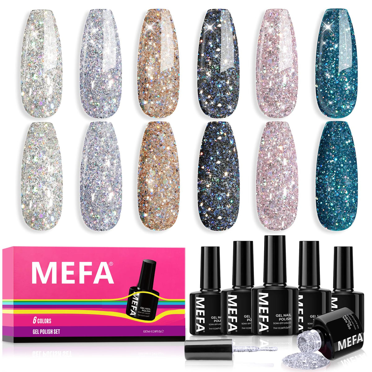 MEFA Glitter Nail Polish Set 6 Colors, Chrome Platinum Sparkly Shiny Black Silver Pink Champagne Turquoises Gel Polish Kit Soak Off Nail Art Design at Home DIY Manicure Kit Gifts for Women