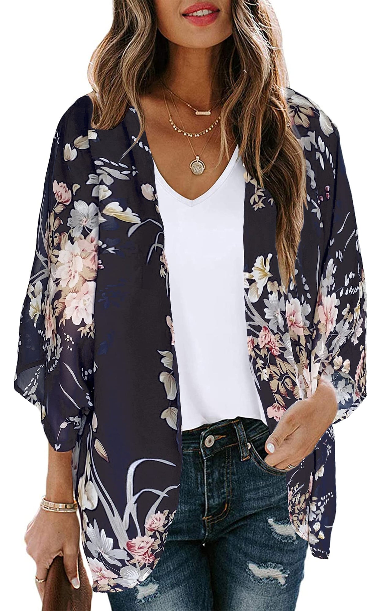 Women's Floral Print Puff Sleeve Kimono Cardigan Loose Cover Up Casual Blouse Tops (Navy Blove, S)