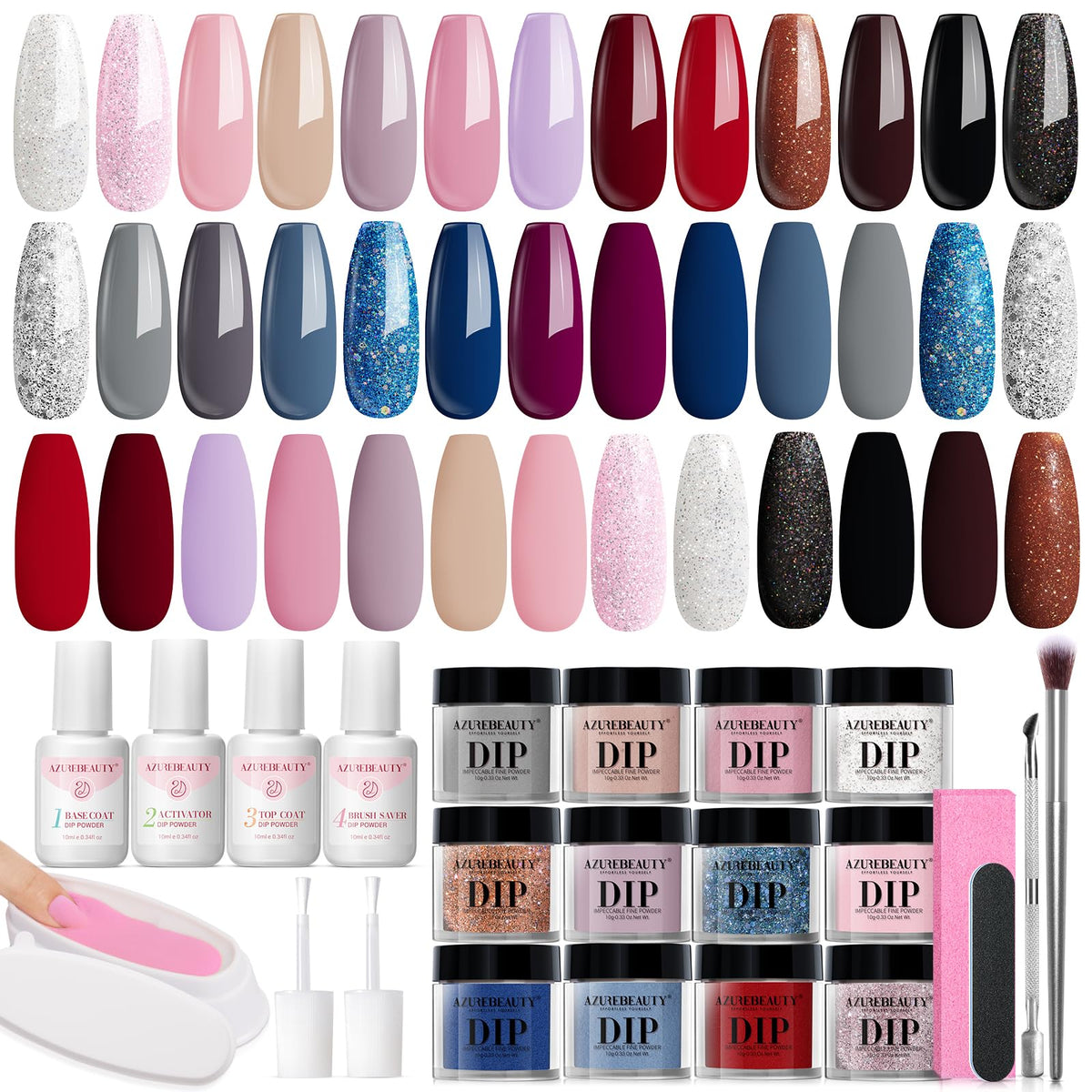 AZUREBEAUTY 31 Pcs Dip Powder Nail Kit Starter, 20 Colors Glitter Nude Pink Gray Red Dip Powder Liquid Set with Top & Base Coat Activator for French Nails Art Manicure DIY Salon Woman Gift