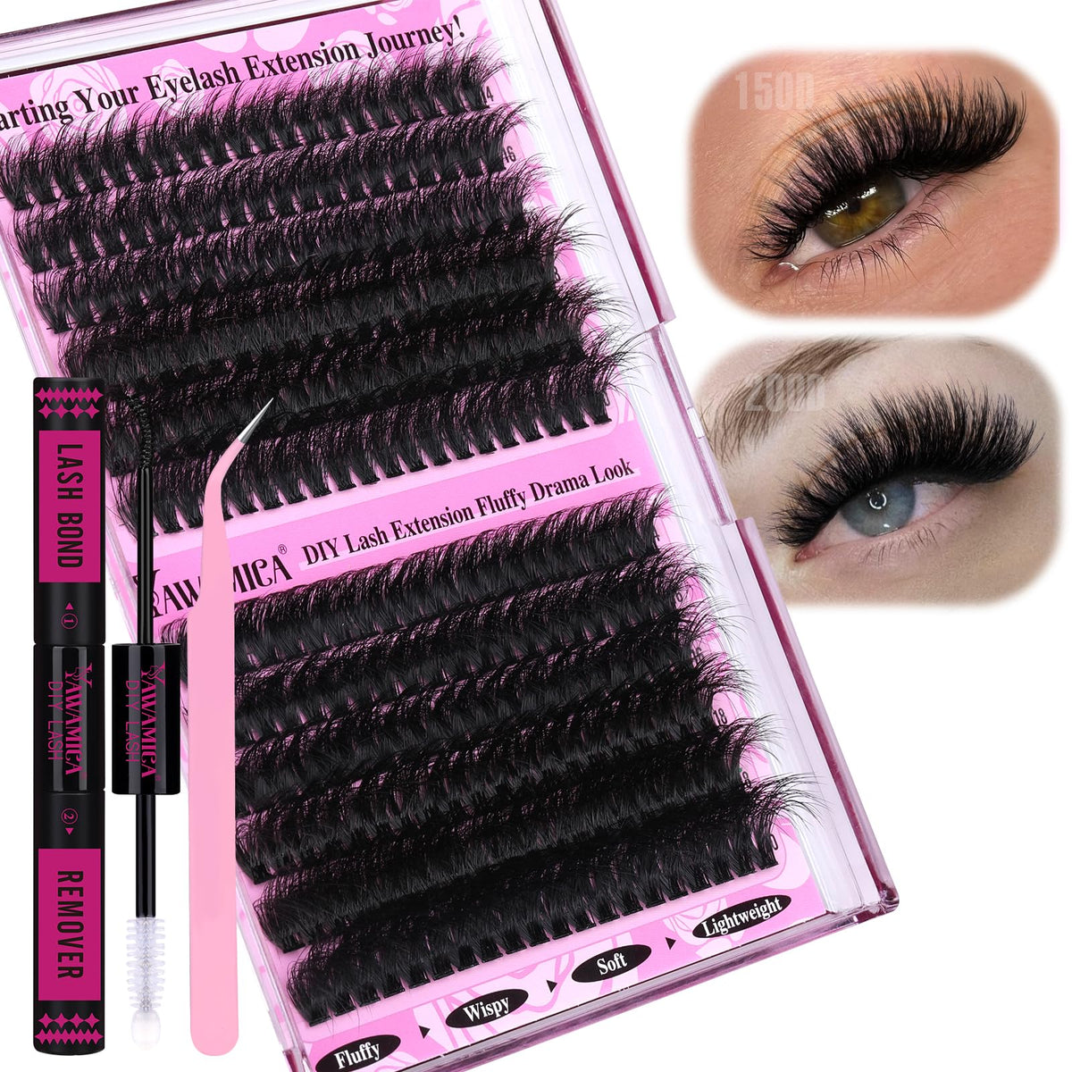 Yawamica Fluffy Lash Clusters Kit 150D+200D Thick Volume Lash Extension Kit 14-20mm Wispy Eyelash Clusters Individual Lashes Kit with Lash Bond, Lash Remover, Lash Applicator for DIY Lash Extension