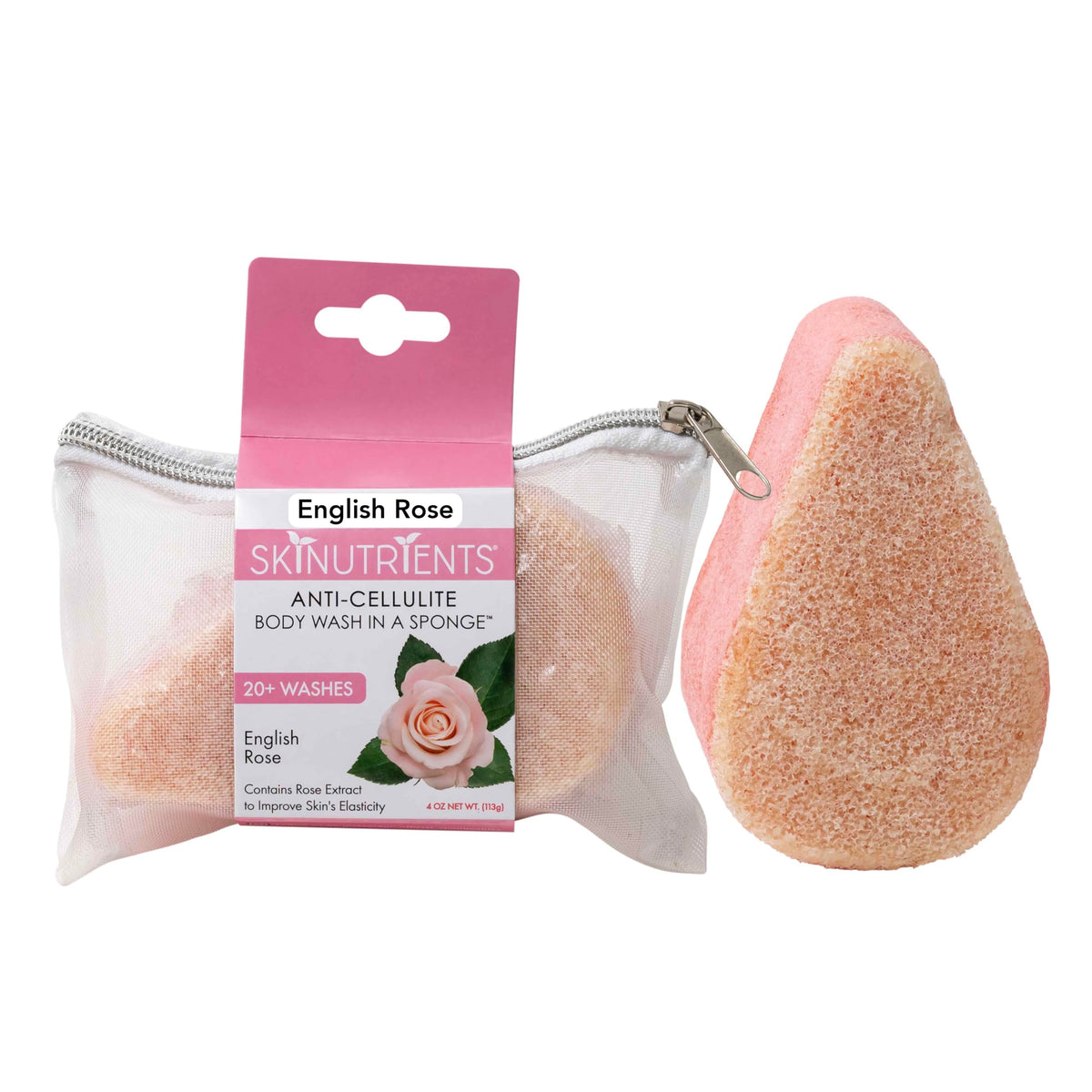 Spongeables Anti Cellulite Body Wash in a 20+ Wash Sponge, English Rose, 1 Count