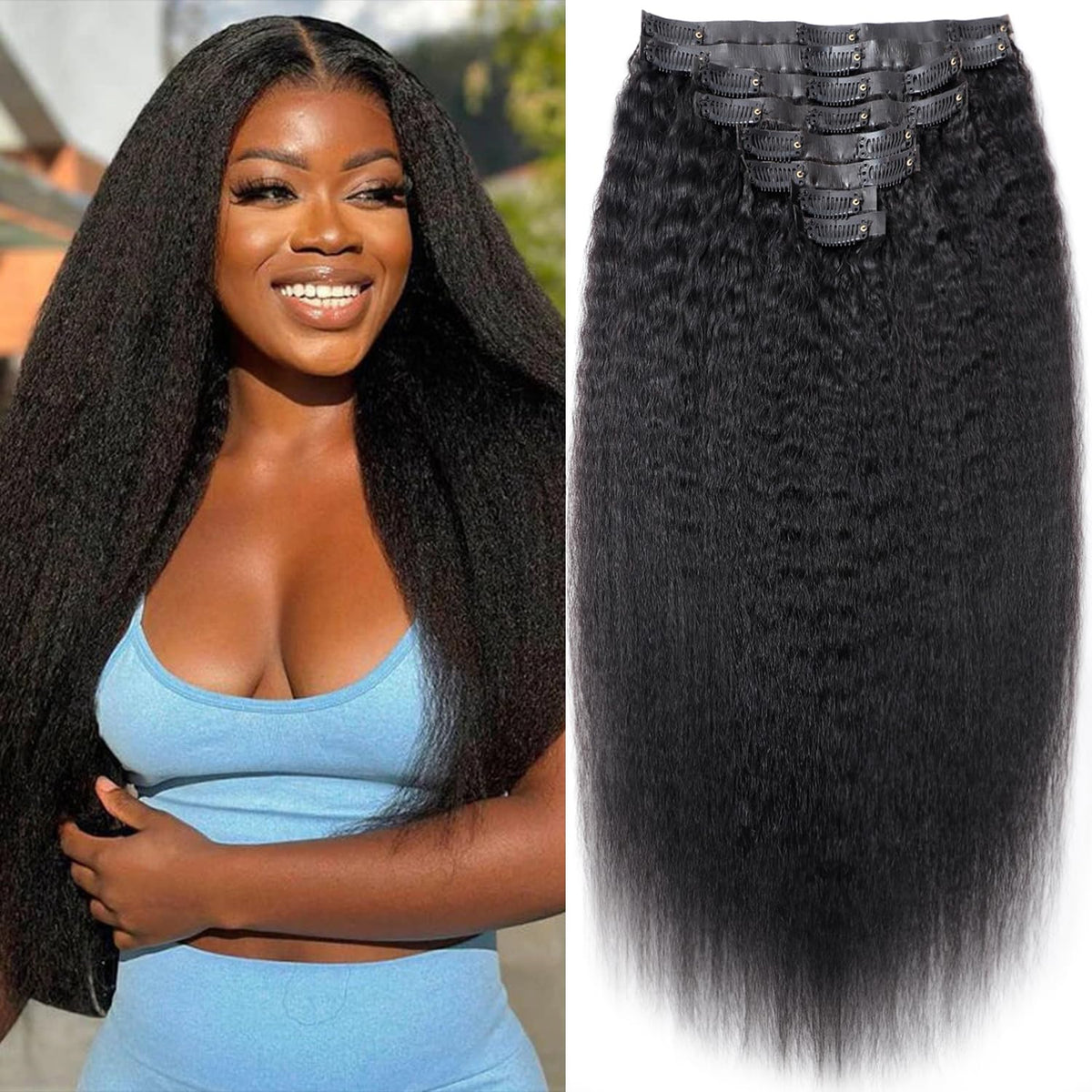 Seamless Kinky Straight Clip In Hair Extensions Invisible PU Weft Kinky Straight Clip Ins Human Hair Extensions 8pcs with 18Clips Per Set 120g(14inch,Natural Black)