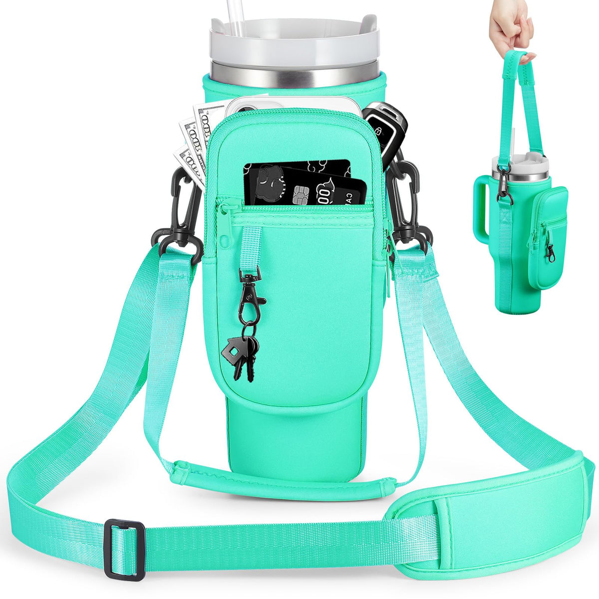 BULKITEM 30oz Water Bottle Carrier Bag with Phone Pocket for Green Stanley 30 oz Tumbler with Handle, Green Insulated Neoprene Cup Holder Pouch Strap for Valentines Stanley Cup Accessories