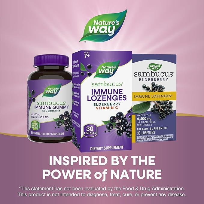 Nature's Way Sambucus Immune Lozenges, with Vitamin C, Black Elderberry Extract, Immune Support*, 30 Lozenges (Packaging May Vary)