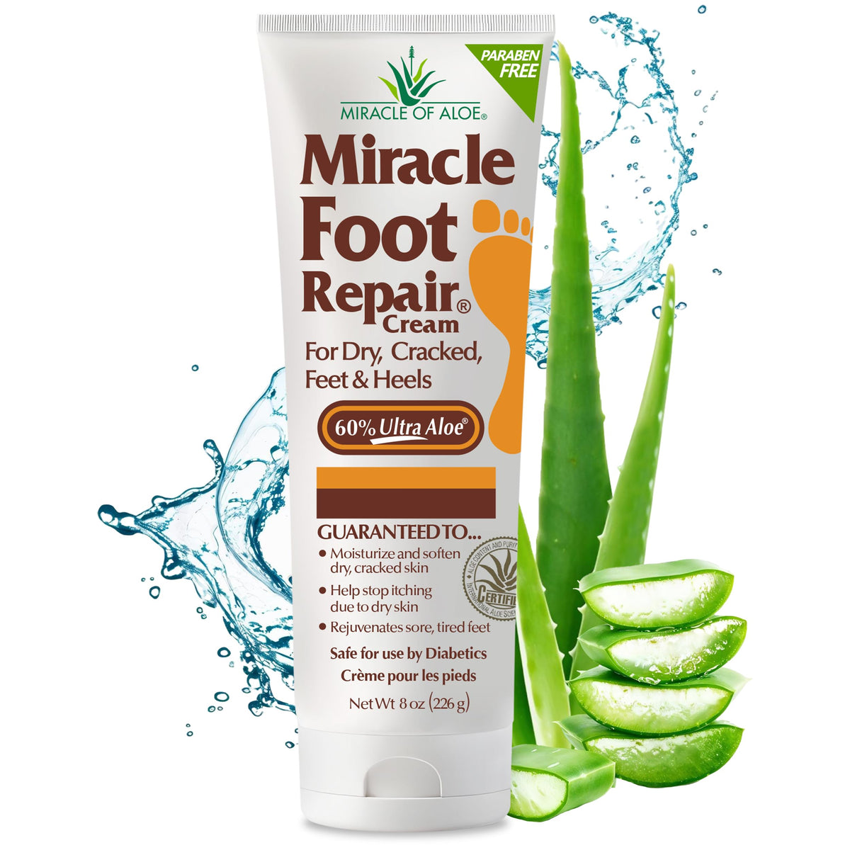 Miracle Foot Repair Cream (8 oz) Repairs Dry Cracked Heels and Feet, 60% Pure UltraAloe Moisturizes, Softens, and Repairs