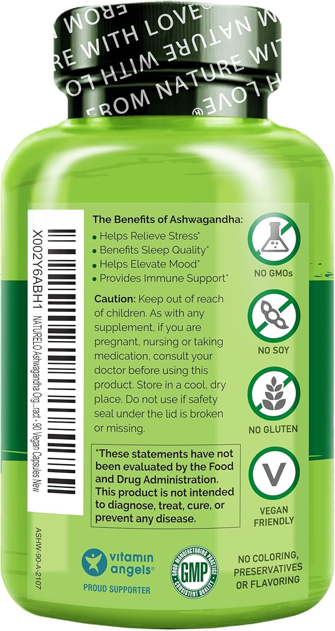 NATURELO Ashwagandha Organic Root Powder - Natural Herbs Supplement for Fatigue, Stress Relief, Mood Enhancer - with Black Pepper Extract - 90 Vegan Capsules