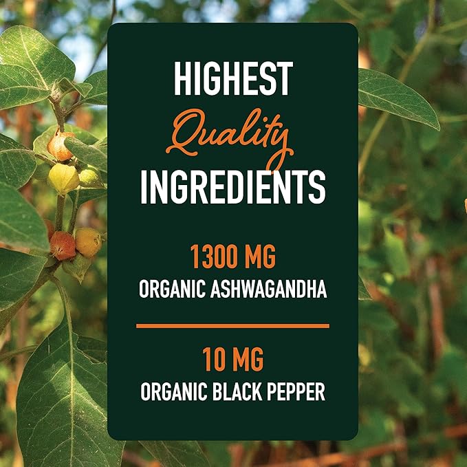 Ashwagandha Supplement 1300mg for Stress Resistance & Energy Boost | High Absorption Adaptogen from Root Powder with Black Pepper | Stress-Related Fatigue Support | Non-GMO | 120ct, 2-Month Supply