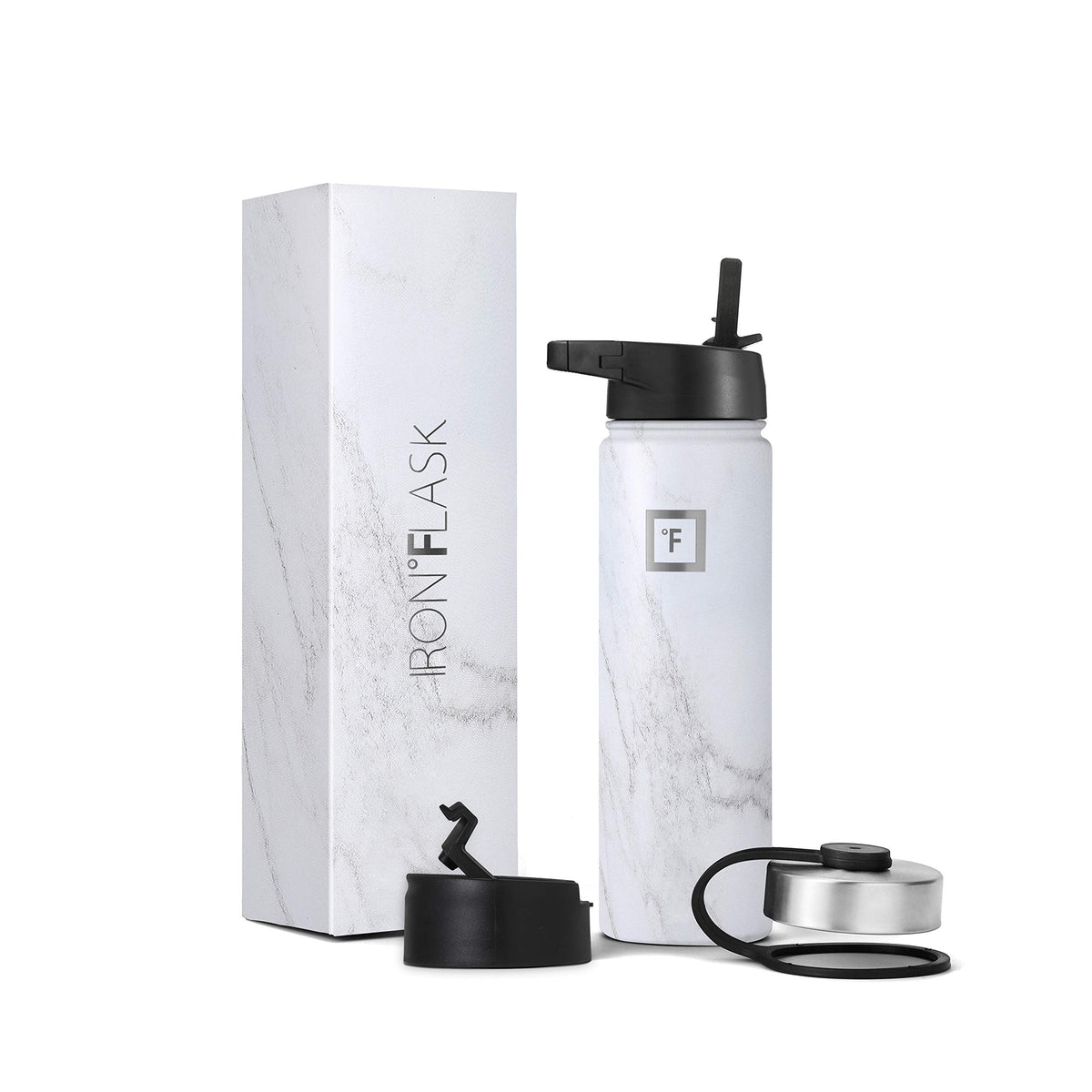 IRON °FLASK Camping & Hiking Hydration Flask, Wide Mouth, 3 Straw Lids, Stainless Steel Outdoor Water Bottle, Double Walled, Insulated Thermos, Metal Canteen - Carrara Marble, 22 Oz
