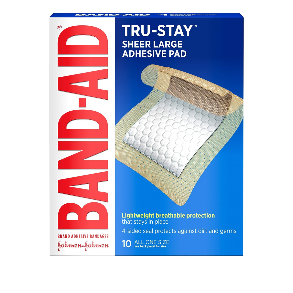 Band-Aid Brand Tru-Stay Adhesive Pads, Large Sterile Adhesive Bandages for First Aid Wound Care and Protection of Minor Cuts, Scrapes & Burns, Lightweight, Breathable, Large Size, 10 ct