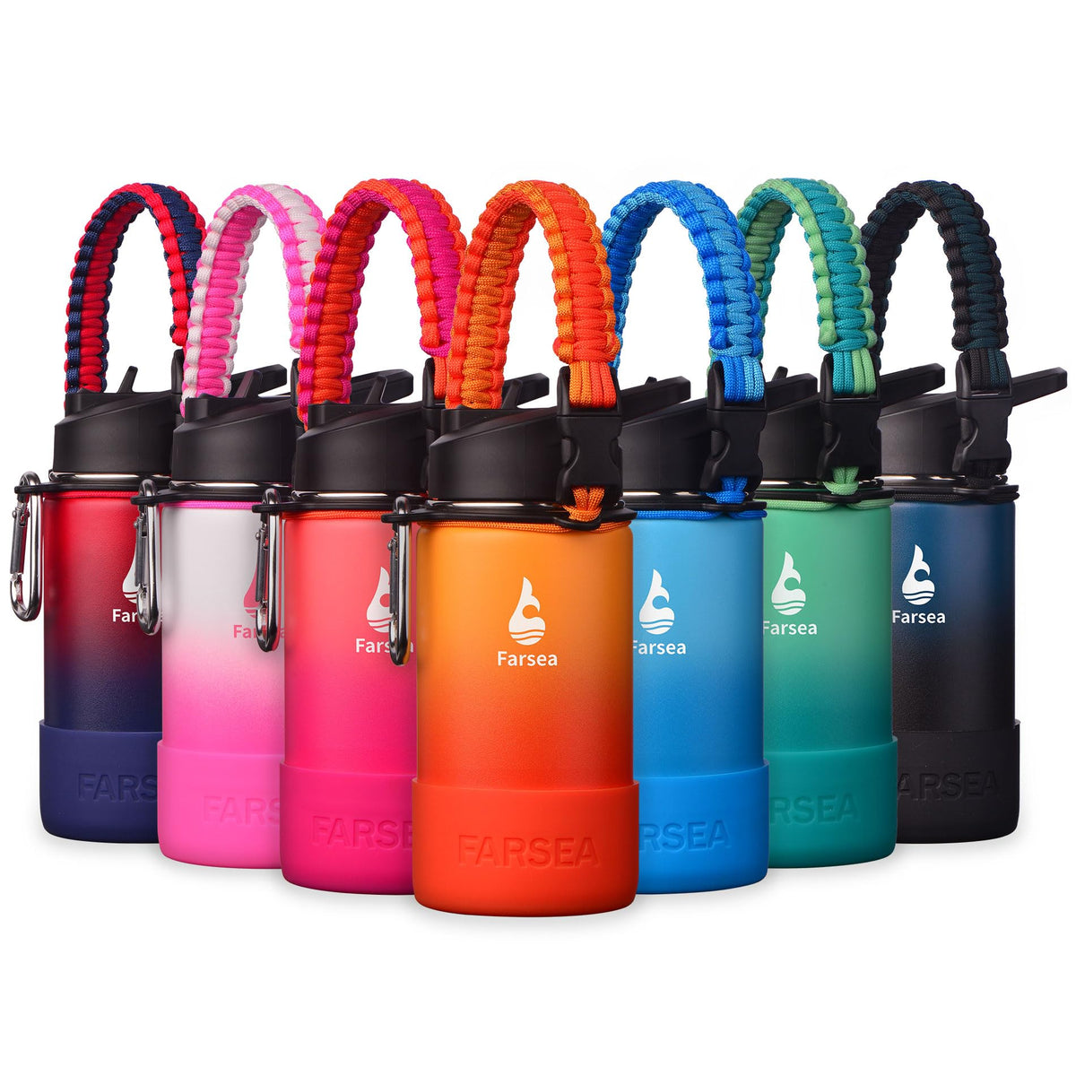 Farsea Insulated Water Bottle With Paracord Handle, Protective Silicone Boot and 2 Lids (Straw Lid & Spout Lid), Stainless Steel Water Bottle Wide Mouth, Double Wall Sweat-Proof BPA-Free,12 oz