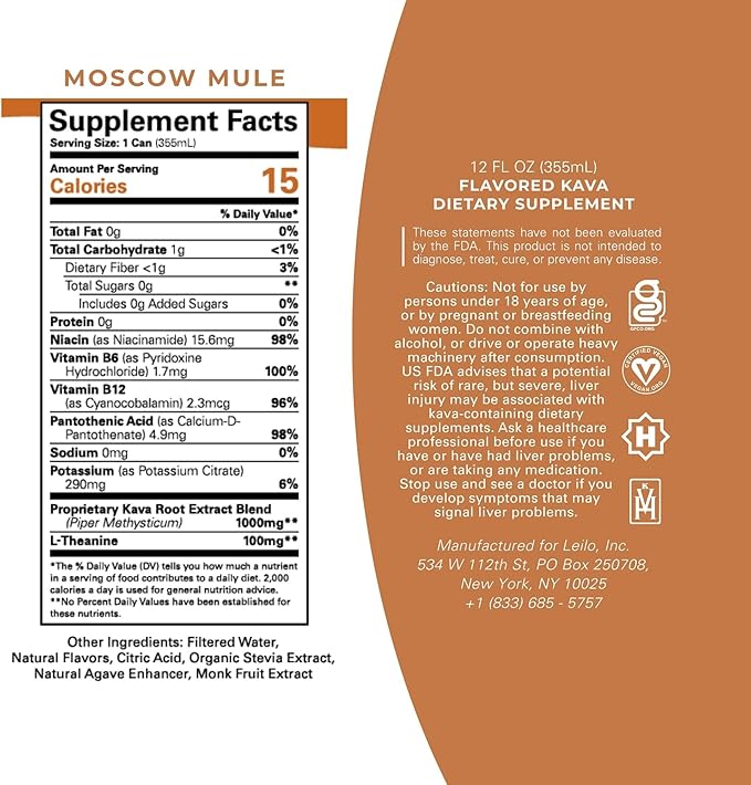 LEILO | Kava Powered Moscow Mule Mocktail Drink | 12-Pack – Sugar-Free & Non-ALC Functional Relaxation Support | 12 fl oz Cans (Pack of 12)