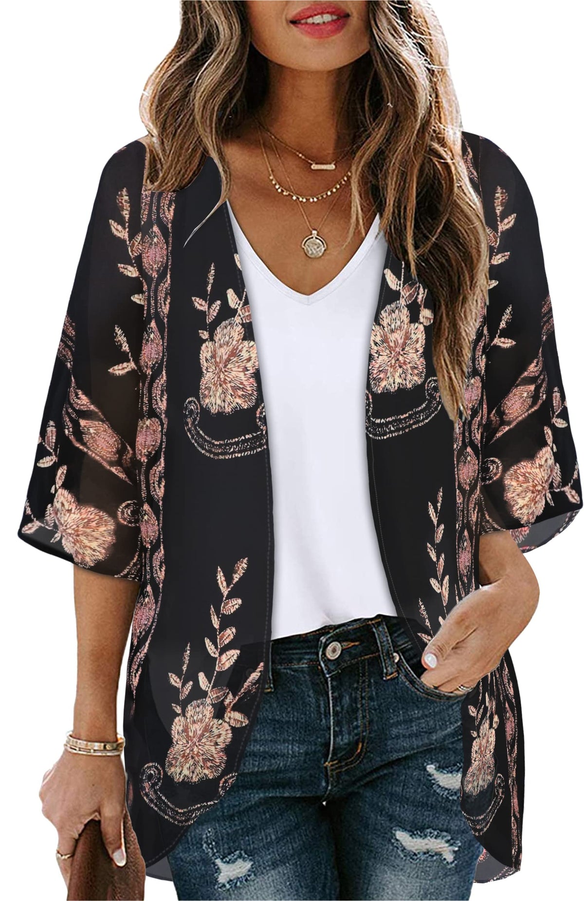 Kimono Cardigans Floral Womens Tops Dressy Casual Spring Cover ups Chiffon Open Front Shirts (BlackLace,S)