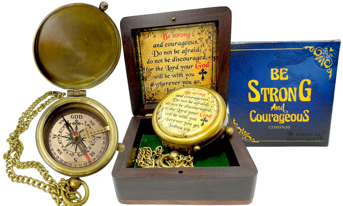 Be Strong and Courageous Brass Religious Compass Gift Confirmation Baptism Easter Christian Catholic Graduation Trekking Adventure Engraved Scripture Prayer Gift for Men Women Teenage Boys Girls