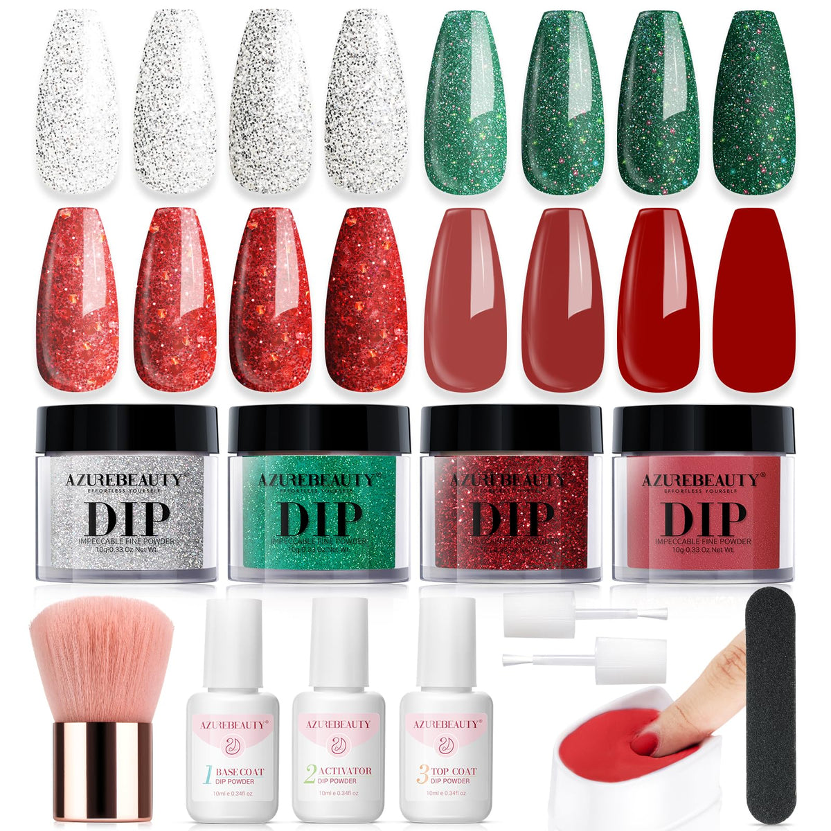 AZUREBEAUTY Christmas Dip Powder Nail Kit Green Red Glitter Silver 12 Pcs Acrylic Dip Powder Liquid Set with Base/Top Coat Activator for French Nail Art Manicure Home Holiday Gifts Set