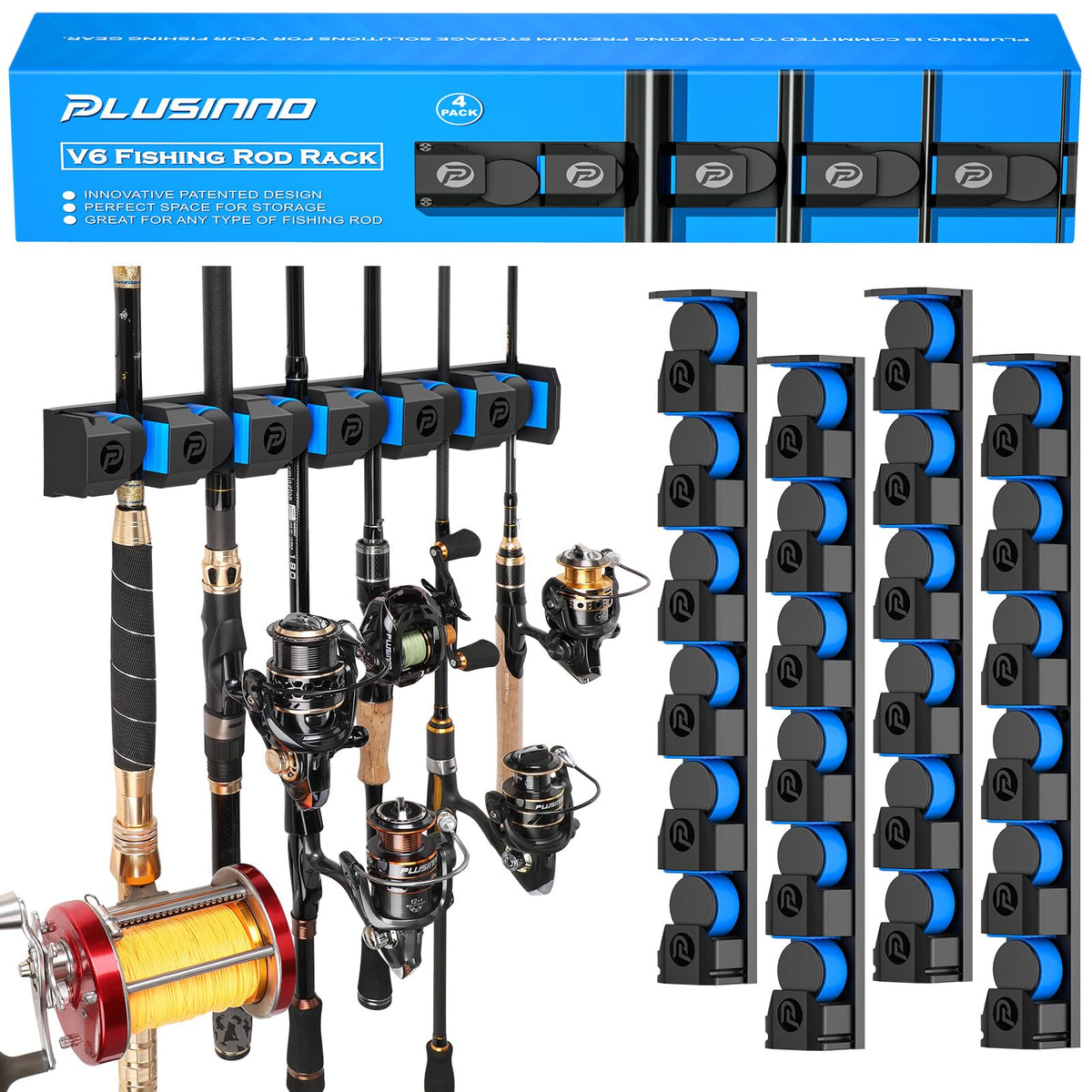 PLUSINNO Fishing Gifts for Men - V6 Vertical Fishing Rod/Pole Holders, Support Extra Large & Heavy Fishing Rod Combos, Fishing Rod Holders for Garage, Wall Mounted Fishing Rod Rack Storage