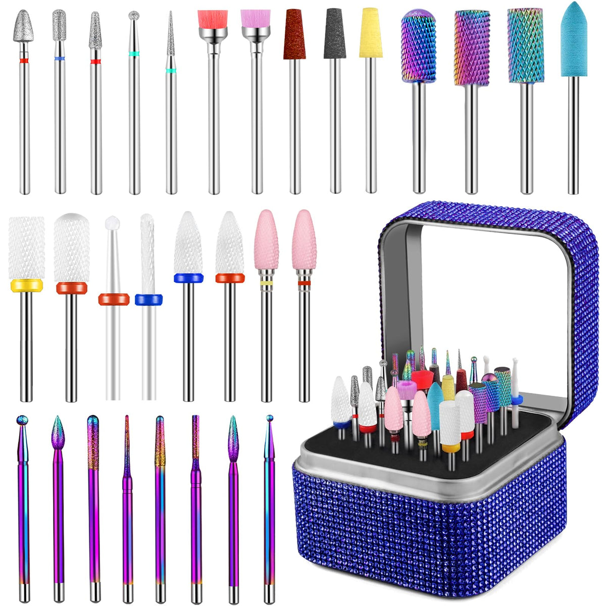 Cellentool 30Pcs Nail Drill Bits Set with Rhinestone Storage Box, 3/32 Inch Ceramic Diamond Carbide Nail Drill Bits for Acrylic Gel Polish, Cuticle Efile Remover for Manicure (Deep Blue)