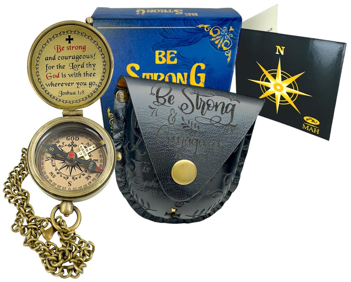 Be Strong and Courageous Brass Religious Compass Gift Confirmation Baptism Easter Christian Catholic Graduation Trekking Adventure Engraved Scripture Prayer Gift for Men Women Teenage Boys Girls