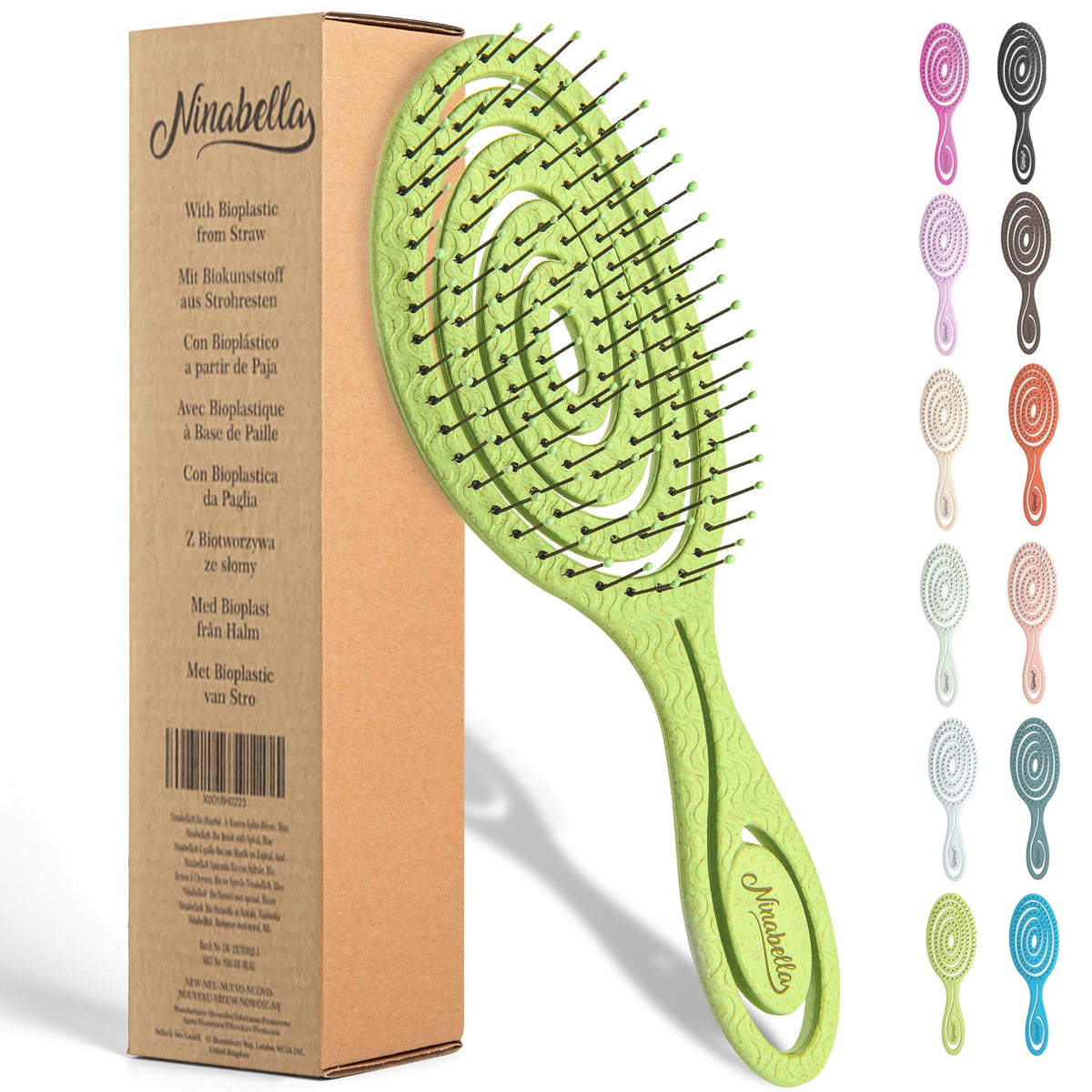 Ninabella Organic Detangling Hair Brush for Women, Men & Children - Does not Pull on Hair - Hair Straightening Brushes for Straight, Curly & Wet Hair - Unique Spiral Hairbrush