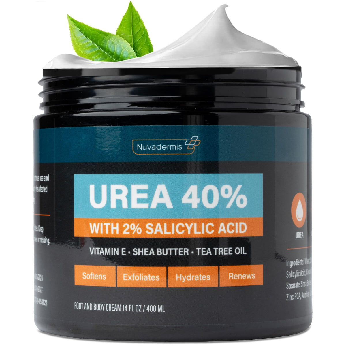 NUVADERMIS Urea Cream 40 Percent for Feet - 40% Urea Foot Repair Lotion - Maximum Strength For Dry Cracked Heels - 2% Salicylic Acid, Shea Butter, Tea Tree Oil, Vitamin E - 14 oz Jar Large