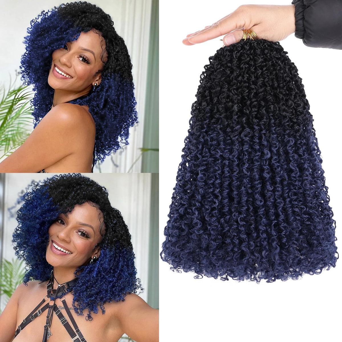 Unionbeauty 8 Packs Pre-looped Yanky Twist Crochet Hair 8 Inch Pre-twisted Kinky Mini Spring Twist with Curly Senegalese Twist Crochet Braids Hair Synthetic Crochet Braiding Hair Extensions 1B/Blue#