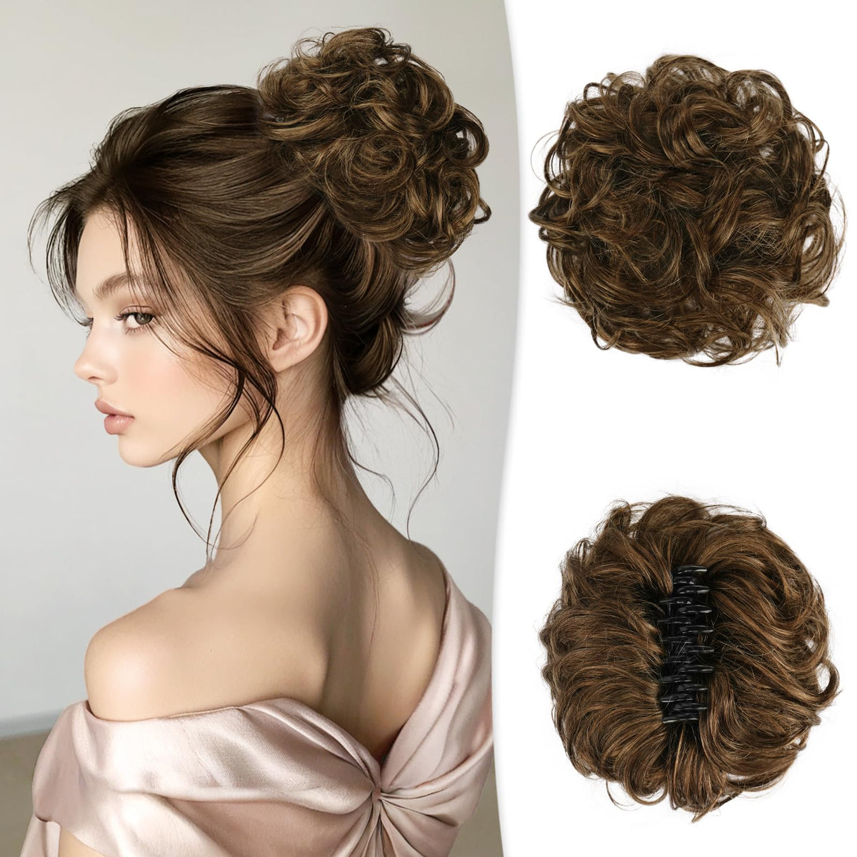 RUWISS Large Messy Bun Hair Piece with Claw Clip Human Hair Bun Wavy Curly Chignon Hair Bun Extensions Tousled Updo Hair Pieces for Women Claw Clip Ponytail for Women, Brown Mixed