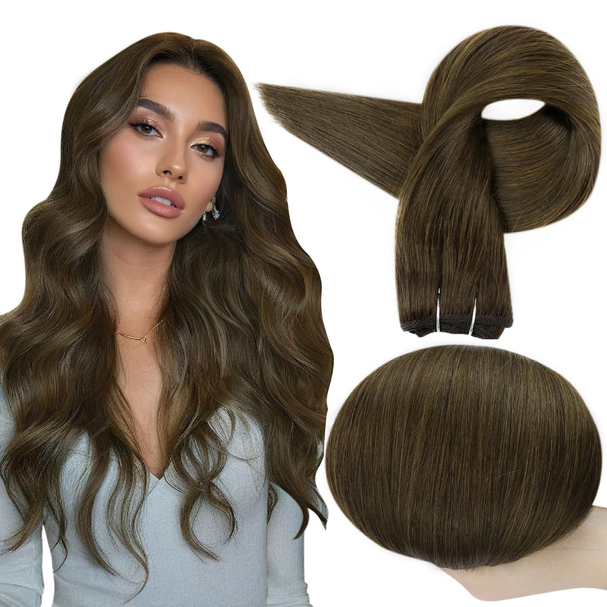 Full Shine Weft Hair Extensions Sew In Hair Extensions Remy Hair Color Darker Brown Invisible Weft Extensions For Women Sew In Straight Hair Remy Hair Weft Bundles 14 Inch 100G