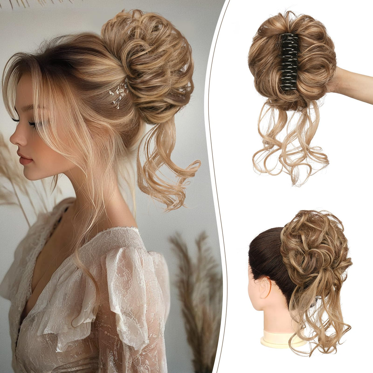 SOFEIYAN Claw Clip Messy Bun Hair Piece Curly Wavy Hair Bun Clip in Claw Chignon Ponytail Extensions Synthetic Tousled Updo with Tendrils Hairpieces Accessories Scrunchies for Women