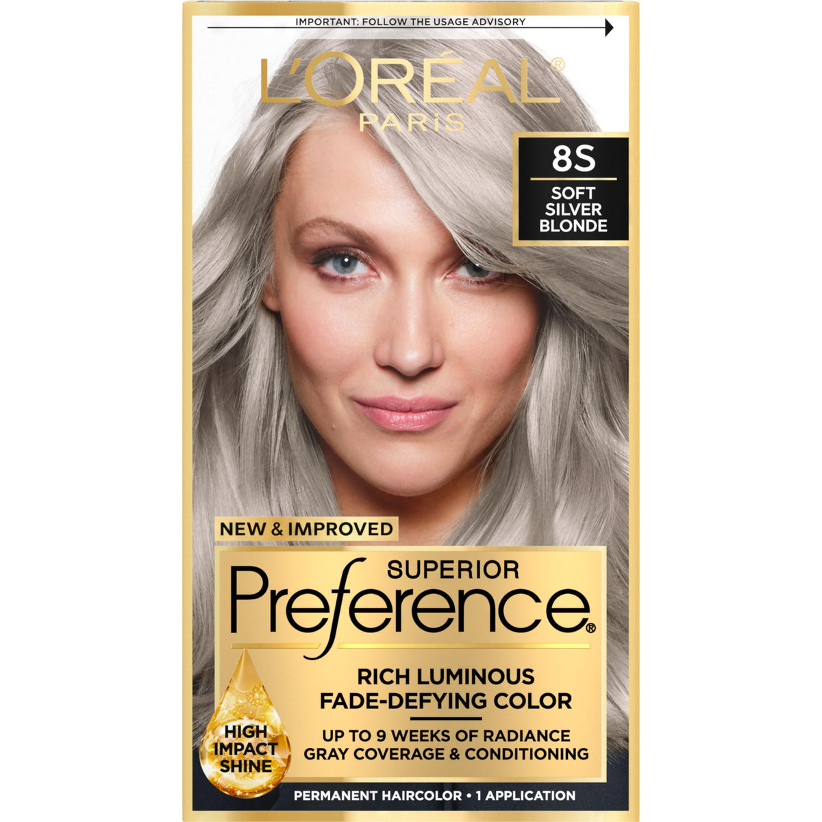 L’Oréal Paris Superior Preference Luminous Fade-Defying Permanent Hair Color, Hair Dye For Up to 9 Weeks of Radiance, Light Silver Blonde 8S, 1 Hair Dye Kit
