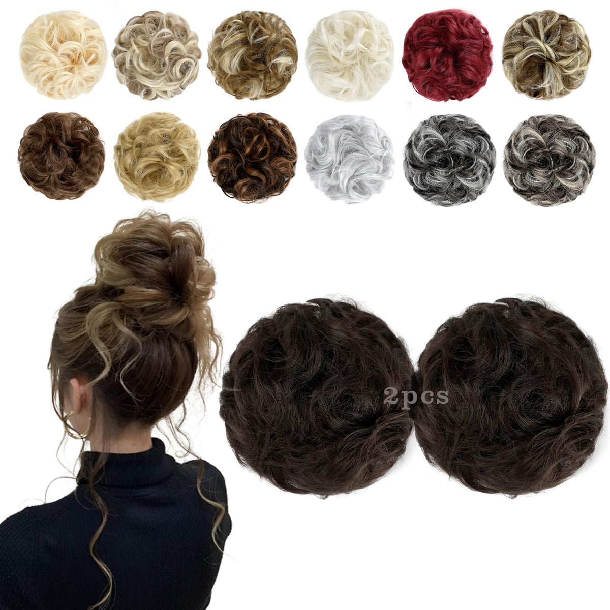 FeidyLong 2 PCS Messy Bun Hair Piece Wavy Curly Scrunchies Synthetic Chignon Ponytail Hair Extensions Thick Updo Hairpieces for Women Girls(Black Brown)