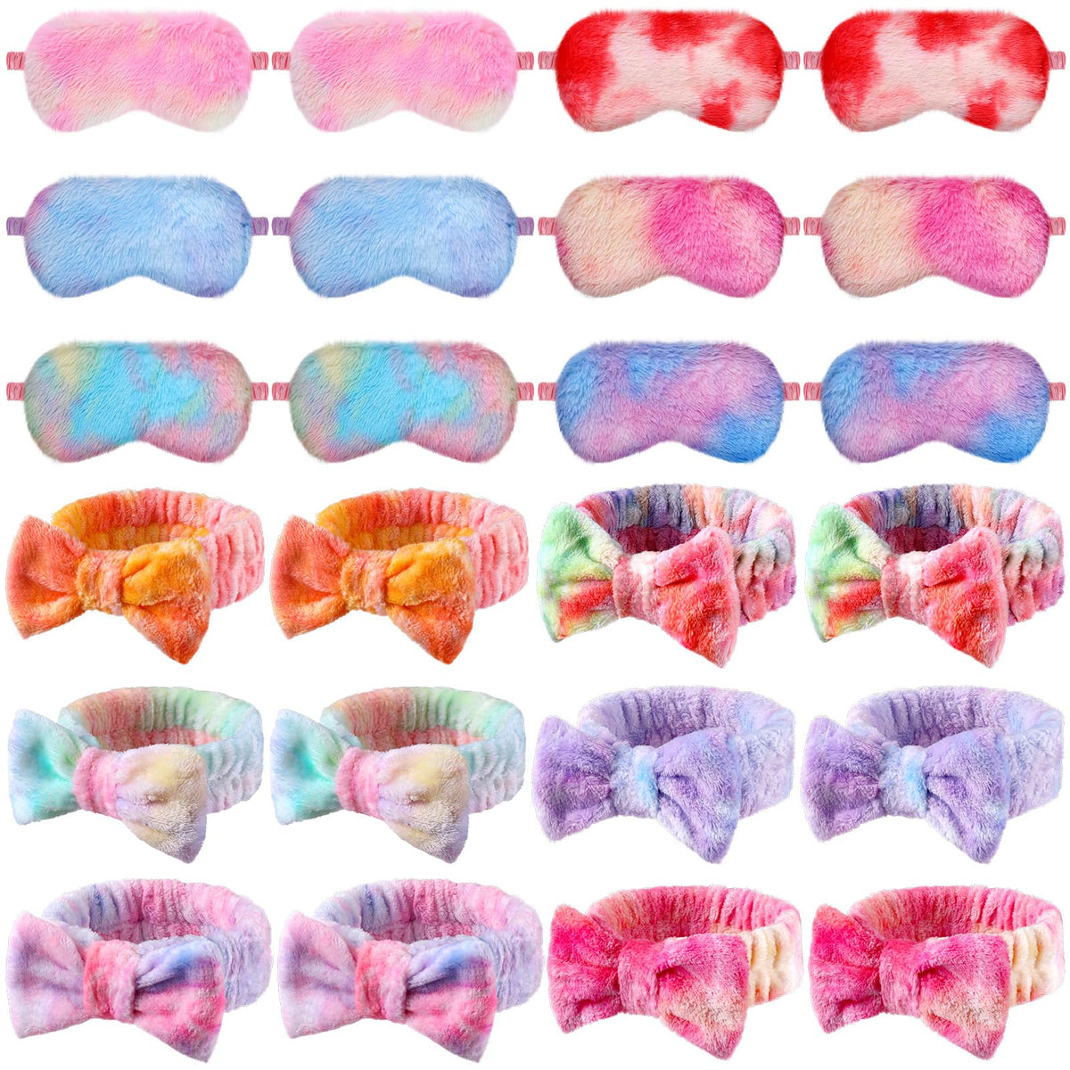 Xuhal 24 Pcs Spa Party Favors for Women Soft Makeup Headband for Washing Face Sleepover Party Supplies Sleep Eye Mask Bow Hair Bands for Sleepover Shower Gifts(Tie Dye)