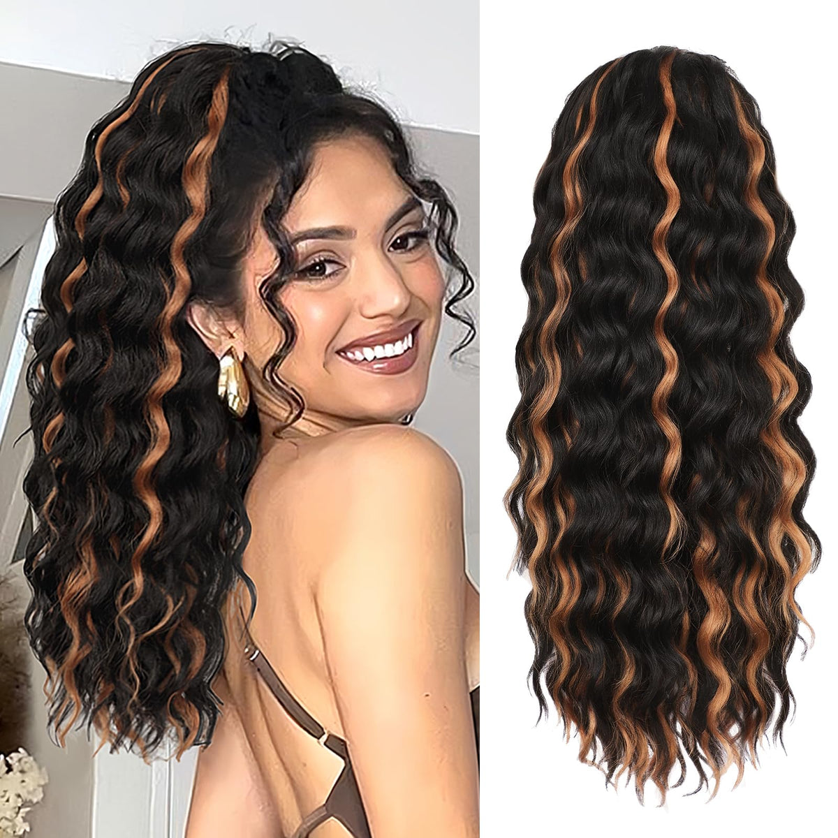 AISI BEAUTY Curly Ponytail Extension,Drawstring Ponytail Extension for Black Women Synthetic Curly Wavy 20 Inch Fake Clip in Ponytail Hair Extensions for Daily Use(1BH27)