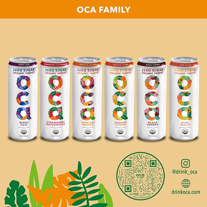 OCA ZERO Orange Citrus, Organic energy drink, zero sugar, gluten-free, vegan plant-based, 12 Fl Oz (12-pack)
