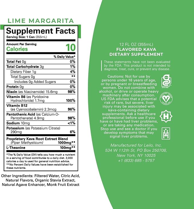 LEILO | Kava Powered Lime Margarita Mocktail Drink | 12-Pack - Sugar-Free & Non-ALC Functional Relaxation Support | 12 fl oz Cans (Pack of 12)