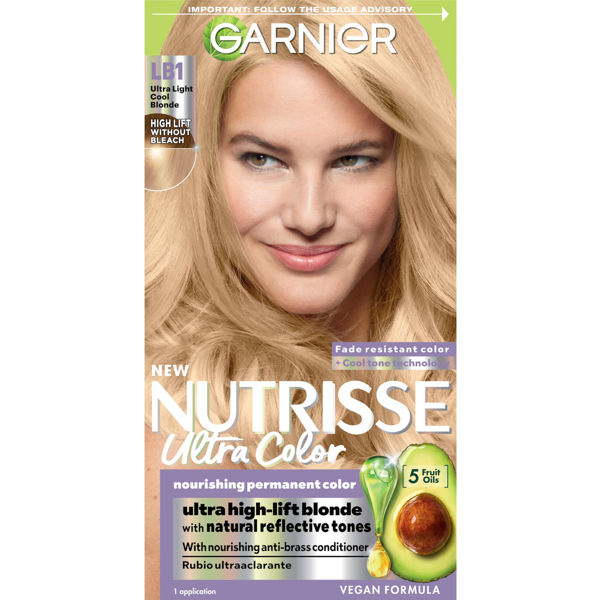 Garnier Hair Color Nutrisse Ultra Color Nourishing Creme, LB1 Ultra Light Cool Blonde (Calla Lily) Permanent Hair Dye, 1 Count (Packaging May Vary)